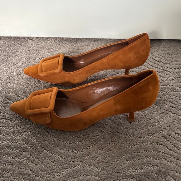 Manolo Blahnik Maysale Suede Buckle Kitten Heel Pumps Cognac Brown Size EU 38 - Picture 4 of 14